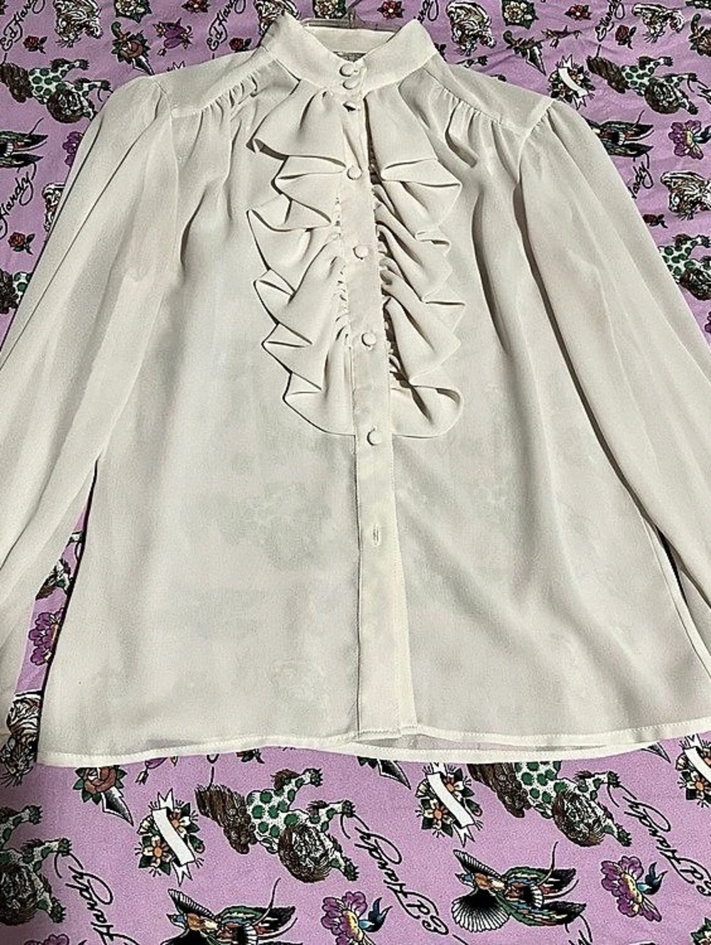 Vintage off White Ruffle Front Long Sleeve Blouse